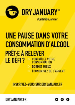 Affiche pour le Dry January. Le Dry January, est une campagne de santé publique incitant à l'abstinence de consommation de boisson alcoolisée pendant tout le mois de janvier. Descriptif de l'image : 