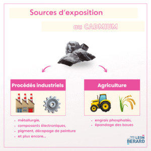Infographie sur les sources d'exposition au cadmium 
FOCUS sur l'industrie avec : 
- les procédés industriels (métallurgie, composants électronique, pigments, décapage... mais aussi l'agriculture avec les engrais phosphatés et l'épandage des boues 