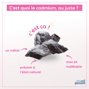 Infographie c'est quoi le cadmium, au juste ? 
Le cadmium, c'est ça (image), un métal, présent à l'état naturel et qui est mou et malléable
